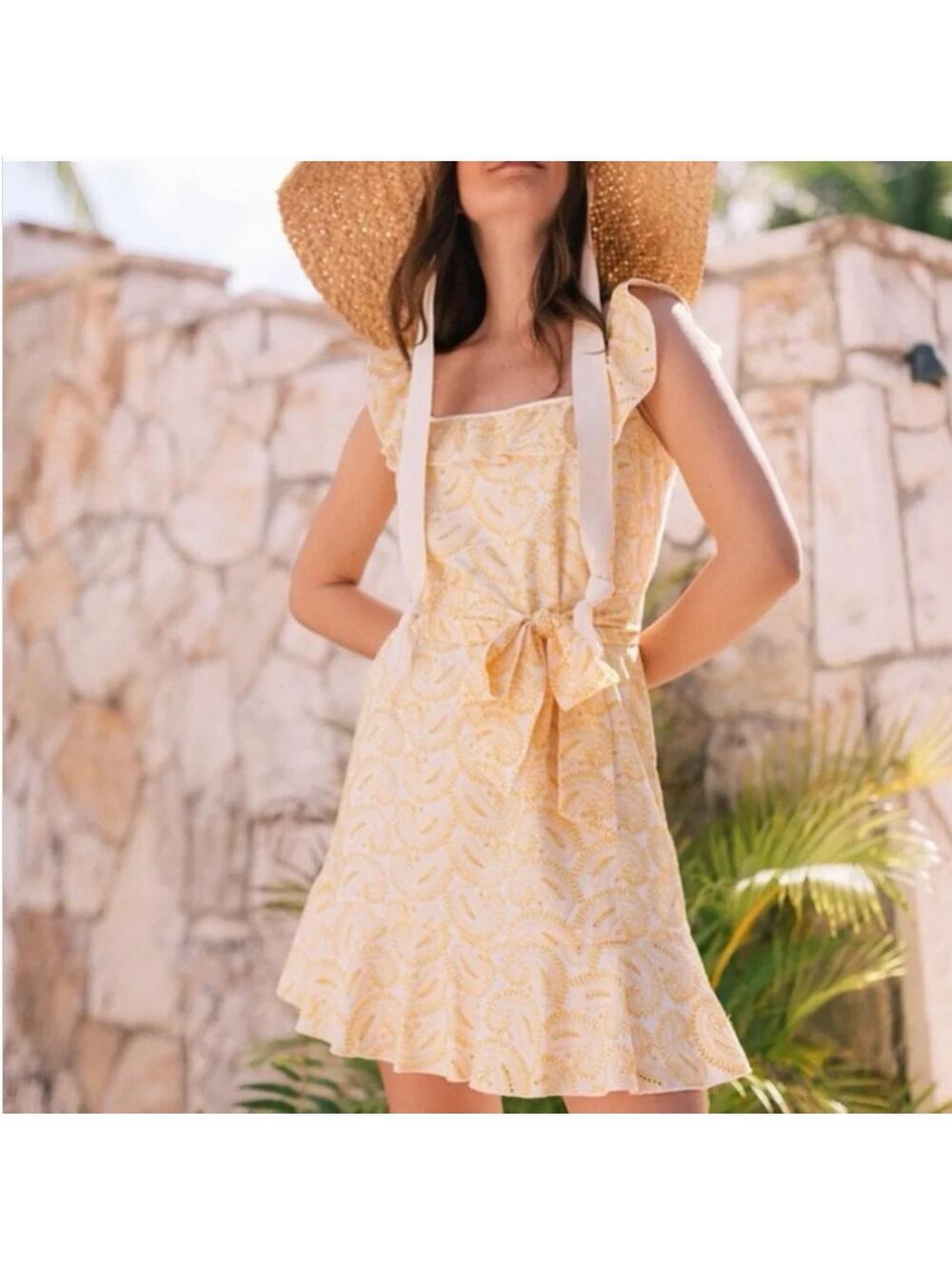 Gal Meets Glam Abby Eyelet Ruffled Sleeveless Dress Golden Yellow Size 6 Summer